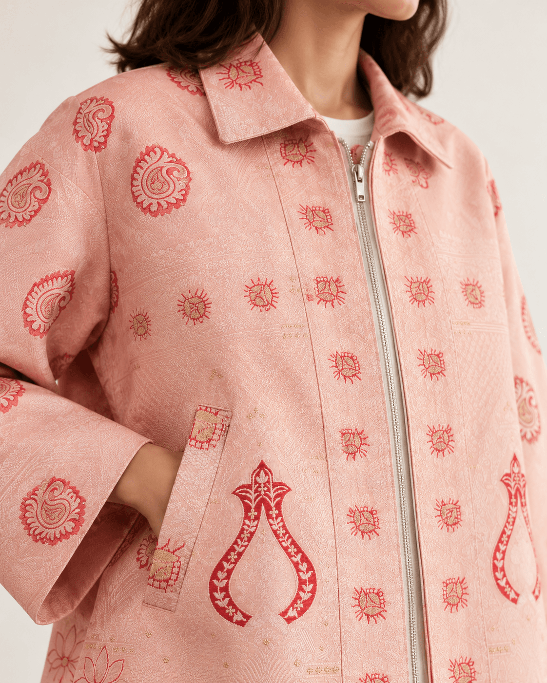Close view of the pink patterned SADRAA jacket and its design details