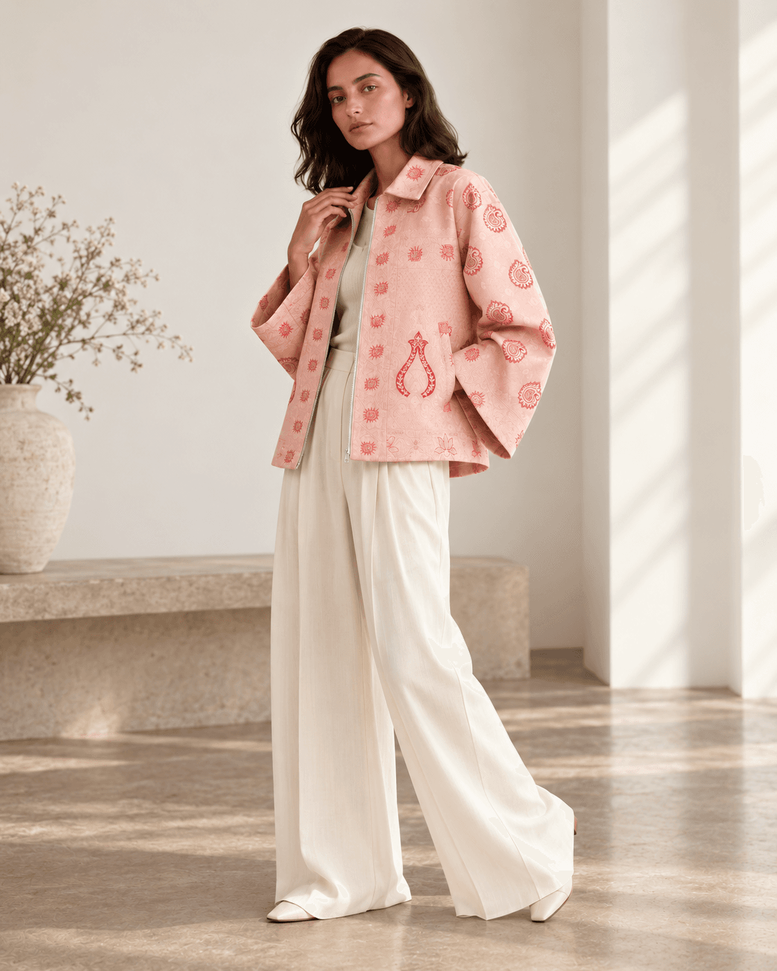 Model wearing a pink patterned SADRAA jacket in a minimal interior