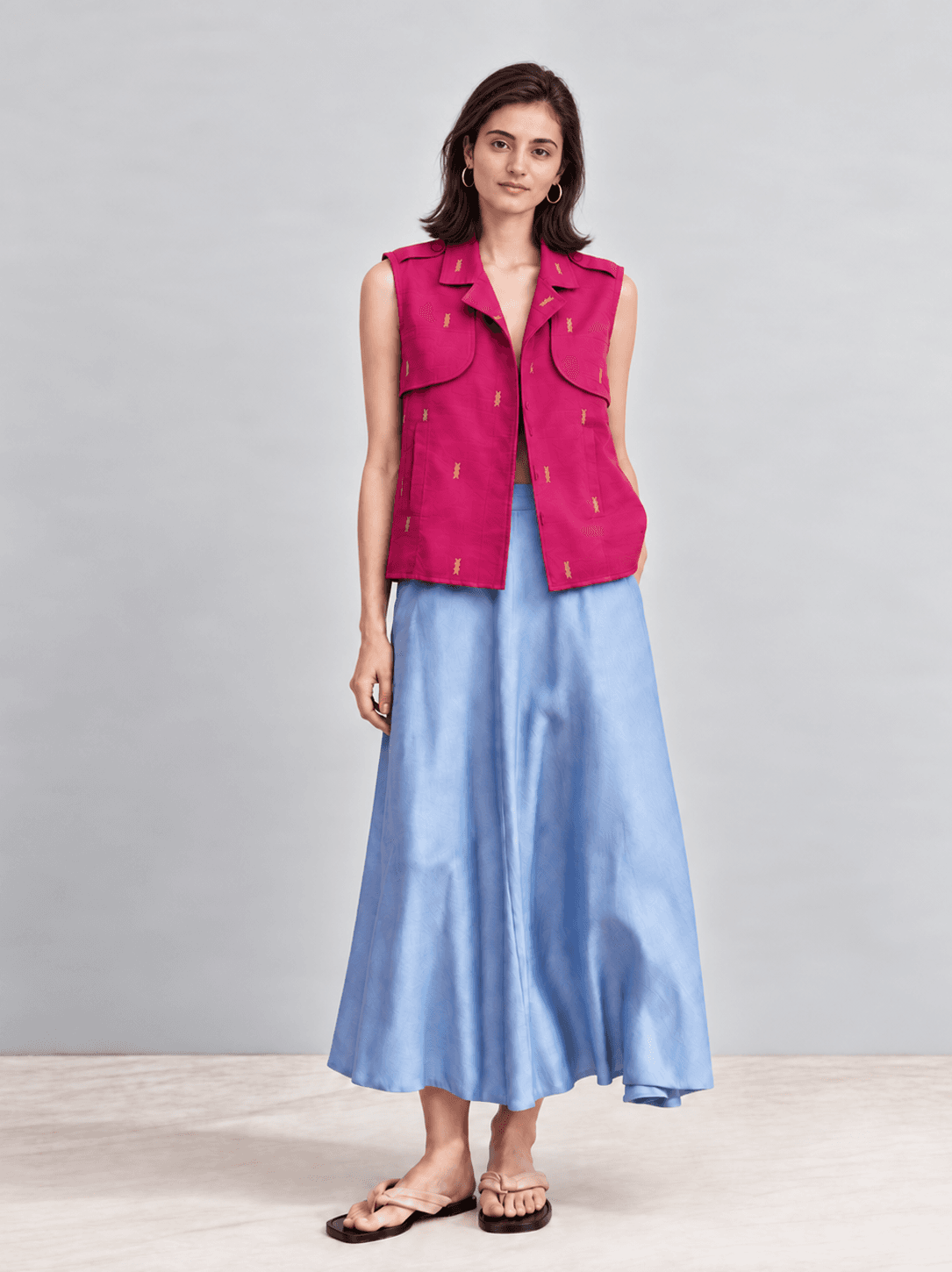 Magenta Utility Vest with Subtle Gold Woven Motifs