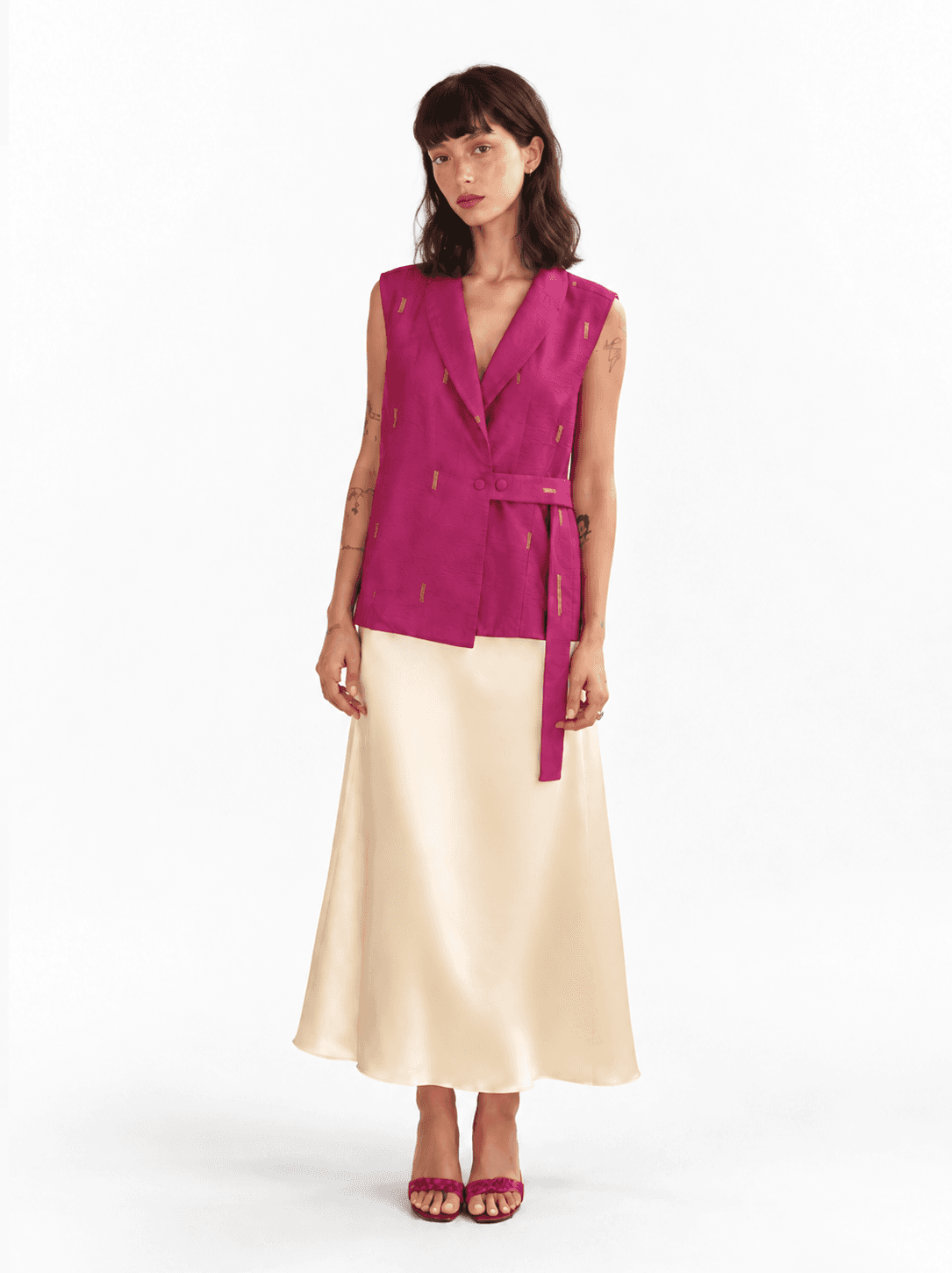 Magenta waistcoat with subtle gold woven motifs