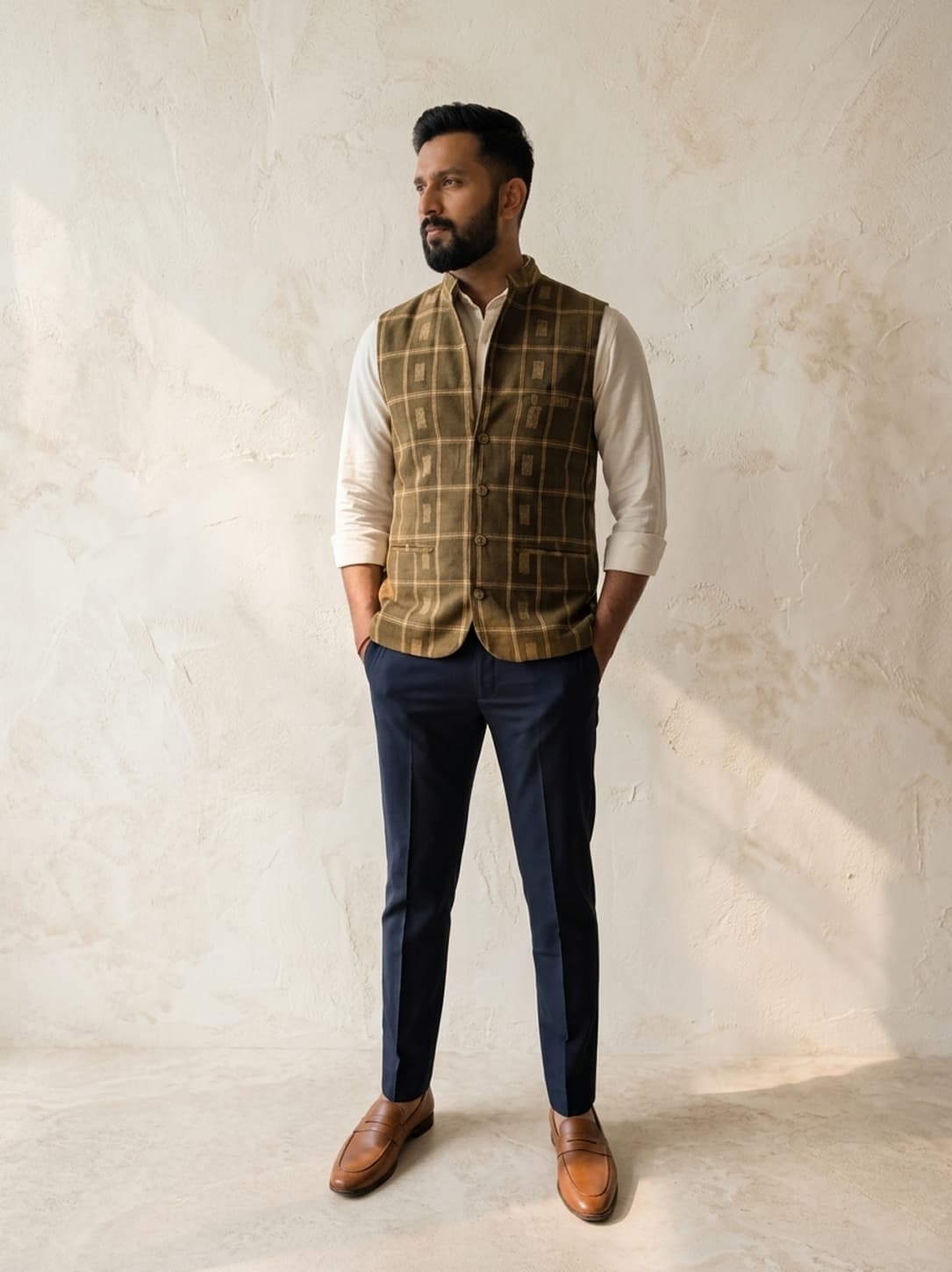 Olive Grid-Check Nehru Jacket